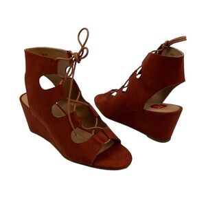Wedge Burnt Red Loraine Lace Up Cork Memory Foam Leather Sandals Size 9 Women's